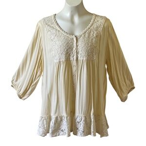 April Cornell Top Women's  Flowy Lace Ruffle Tunic Cream Ecru Off White Size XL